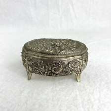 VTG Footed Metal Jewelry Trinket Box Floral Red Velvet Lining Hinged Lid Japan picture