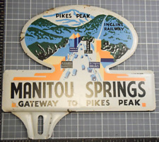 RARE 1950s MANITOU SPRINGS GATEWAY PIKES PEAK STAMPED PAINTED METAL TOPPER SIGN picture