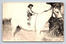 RPPC Small Boy on Big Horse at Farm Real Photo Postcard picture