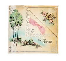 Used Antique Vintage Yellowed Paper Pink Ribbon Beautiful Floral Birthday Card picture