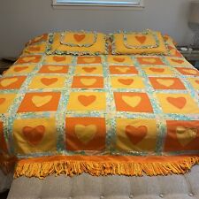 Vintage Handmade Full Sz Retro Heart Patchwork Fringe Bed spread & Shams Set picture