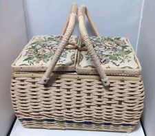 Vintage AZAR Woven Tapestry DOUBLE HANDLED SEWING BASKET Full Of Notions W/ Tray picture