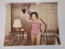 VTG 1980s Found Photograph Original Photo Sexy Lady in Shiny Pink Swimsuit Posed picture