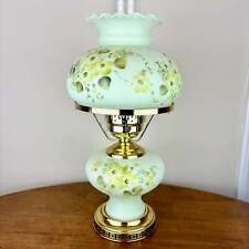 Vintage Hand Painted Milk Glass Pastel Green Floral Hurricane Lamp picture