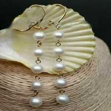 Natural AAA 8-9mm South Sea White Pearl Dangle Earrings 14K gold Cultured Women picture