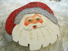 Vintage Christmas Ornament  - HAND PAINTED WOOD SANTA FACE w/GLITTER picture
