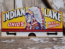 VINTAGE INDIAN LAKE PORCELAIN SIGN OHIO POTTERY TAG TOPPER PLAYGROUND PARK CAMP picture