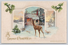 Postcard John Winsch A Joyous Christmas 1913 Embossed Deer Cottage Evergreens picture