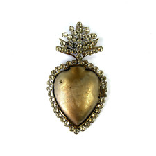 6in Rhinestone Sacred Heart Ex Voto Locket Ornament, Engraved Antiqued Silver Mi picture