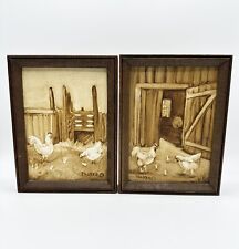 Framed Chicken Coop Chicks Paintings Country Decor Pair 8”x6” Sepia Signed Barn picture