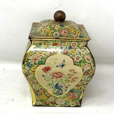 Vintage Gold Floral Decorative Tin Box Biscuit Jar W/ Lid Made In Holland picture