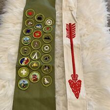 Vintage BSA Boy Scout MERIT BADGE Sash with 22 Merit Badges, Red Arrow Sash. F1. picture