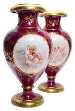 Pair Of Antique ROYAL VIENNA Hand Painted Cherub Signed Large Porcelain Vases picture