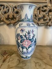 Vintage Chinoiserie 14” Vase - Blue, White, And Pink picture