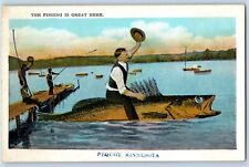 Pequot Minnesota MN Postcard Fishing Is Great Here Fish Exaggerated 1920 Antique picture