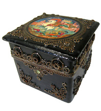 Russian Palekh black lacquer trinket box jeweled hand painted miniature signed picture