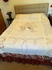Vtg Hand Embroidered Western Cowgirl Horse Saddle Gun Bedspread Coverlet 69x83 picture