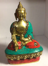 Vintage brass sitting Buddha 7” high  2.6 lbs with red green  mosaic trim picture
