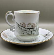 Handpainted Antique Porcelain Mustache Cup & Saucer Squirrel Windmill Gold Trim picture