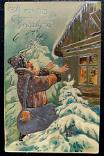 Fancy~Blue Robe Santa Claus at Window~Children~Antique~Christmas Postcard~k286 picture