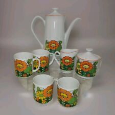 Price Import Pop Art Tea Pot Set Cups Creamer Sugar Bowl Orange Daisy Vintage  picture