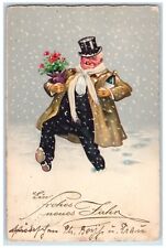 c1910's Old Man Drunk Wine Cigar Flowers Pot Snowfall Winter Antique Postcard picture