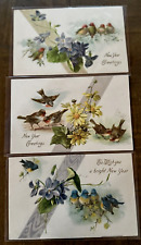 Lot of 3 ~Antique c. 1910 New Year's Postcards with Birds & Flowers~k428 picture