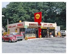 OLD 1970s SHELL GAS STATION STREETVIEW OLD TRUCK & VOLKSWAGON BEATTLE 8X10 PHOTO picture