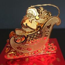 Gold Plated Metal 3-D Christmas Tree Ornament, Santa in Sleigh, in Box 2.5