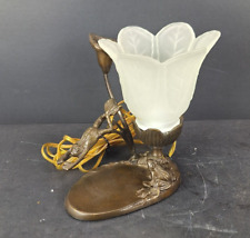 Vintage Frogs & Lily Pad Table Lamp Glass Leaves Globe 6.5” T Brass Night Light picture