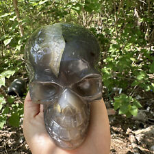 2.67LB Natural Geode agate hand carved skull Crystal quartz cluster Gift decor picture