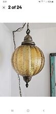 Vintage Mid Century Amber  Glass Hanging Swag Lamp Light fixture ORIGINAL WIRE picture
