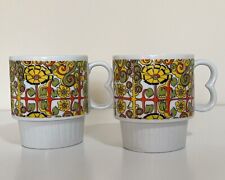 2 MCM Coffee Tea Cups Mugs Floral Hippie Retro Ceramic Porcelain Stacking Japan  picture