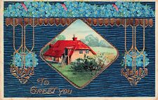 Antique Birthday Card Gel Blue Old Cottage Gold Frame Art Deco Vtg Postcard A52 picture