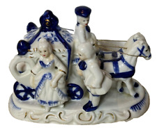 80s Horse Carriage Victorian Colonial Porcelain Figurine Stagecoach Blue White picture