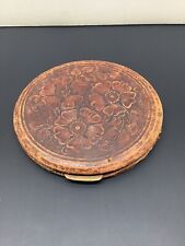 Antique Hand Tooled Leather Wrapped Powder Compact Large 4.5” Floral Design picture