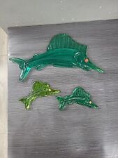 3 Vintage Lucite SWORDFISH GREEN FISH Wall Plaques Green Resin Fish Bathroom MCM picture