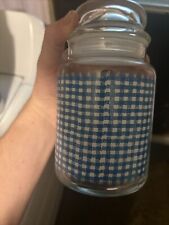 Vintage Blue Checkered Gingham Glass Canister With Lid 7” Tall picture