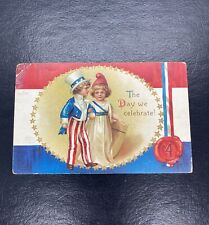 4th OF JULY UNCLE SAM LADY LIBERTY CHILDREN PATRIOTIC CLAPSADDLE POSTCARD As Is picture