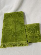 Vintage MCM Avocado Green Textured Hand Towel Set Washcloth  Fringe Diamond USA picture