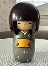 Japanese Usaburo Wooden Kokeshi Doll Hand Painted Carved Green Kimono 5” Signed picture