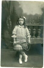 Black and White Postcard Little Girl Old Fashioned Dress Tennis Racket RPCC picture