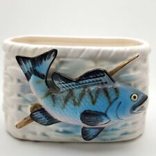 Vintage Napco Creel and Blue Fish Fishing Pole Ceramic Basket Planter picture