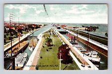 Sault St Marie MI-Michigan, Birds Eye View of Locks, Vintage c1907 Postcard picture