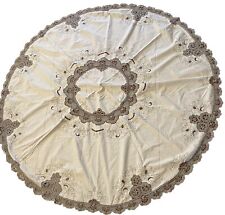 Vintage 65 IN Round Tablecloth Ecru Taupe Bobbin Lace Insets Cutwork Medallions picture