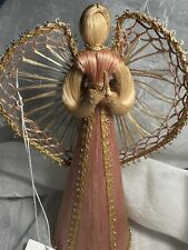 Vintage Corn Husk and Straw Rose With Gold Trim Angel with Heart Wings 8