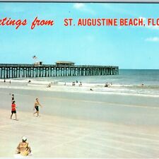 c1960s St. Augustine FL Beach Greetings from PC Fishing Pier Swimming Crowd A266 picture