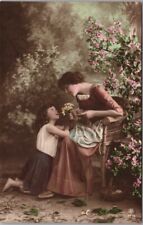 Vintage 1900s Tinted Photo RPPC Postcard Mother & Little Girl Flowers / Germany picture