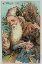 Santa Claus with Victorian Child~ Switches~ Antique~Christmas Postcard-k543 picture