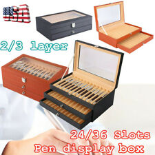 24/36 Fountain Pen Slot Leather Display Box Organizer Storage Glass Cover Luxuy picture